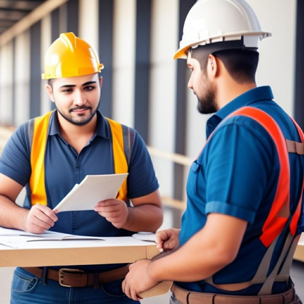 Two workers in safety gear discussing plans on a paper at a construction site.