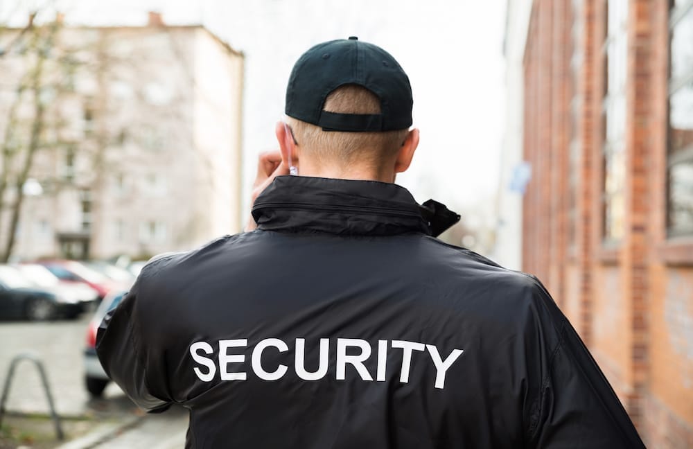 A security guard standing with their back to the viewer, wearing a uniform and cap, looking outward as if monitoring the area