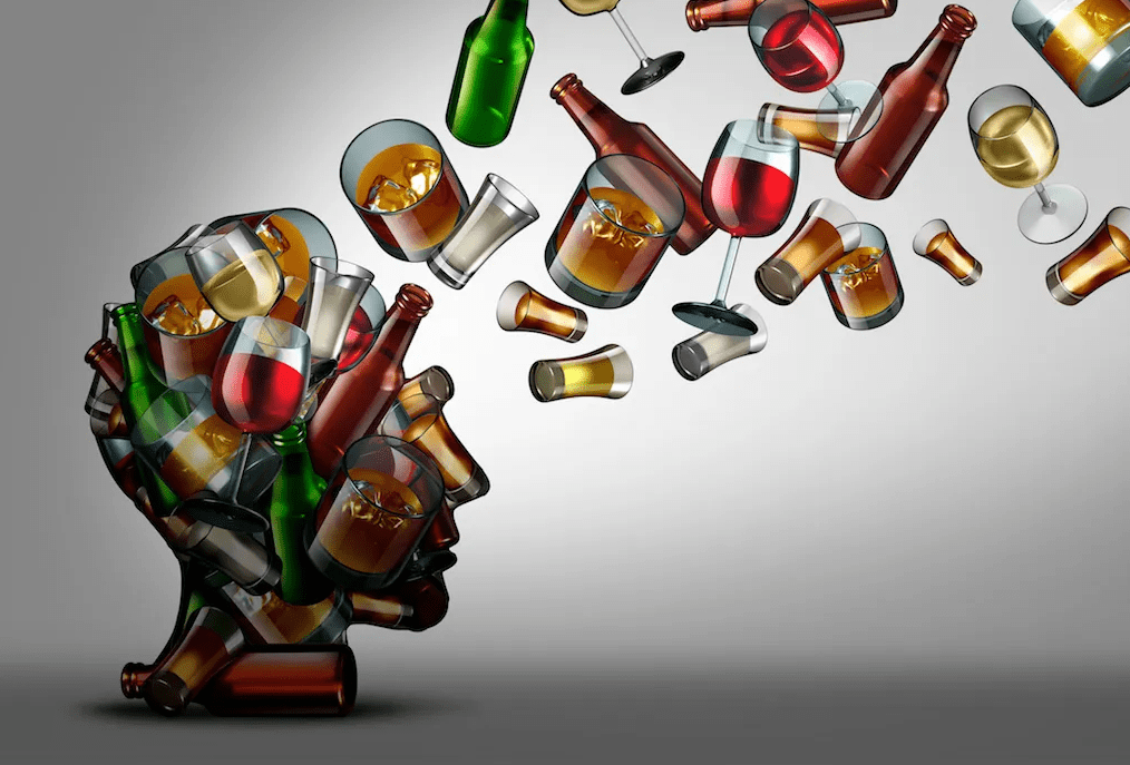 A head full of alcohol bottles and glasses