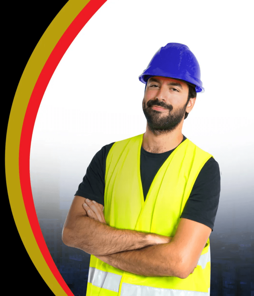 A man in yellow vest and blue hard hat.