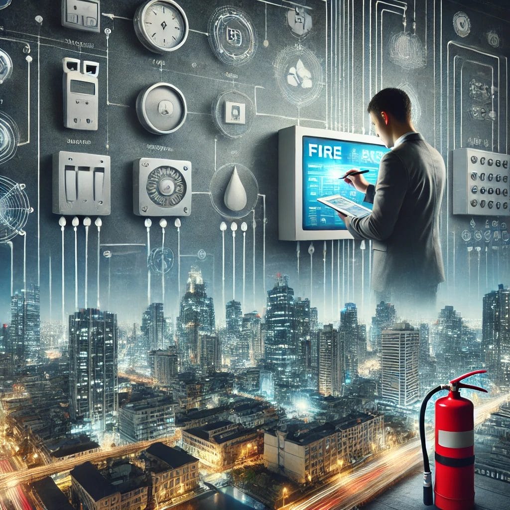 A man in a suit using a futuristic transparent screen that says "FIRE", possibly representing a fire alarm system