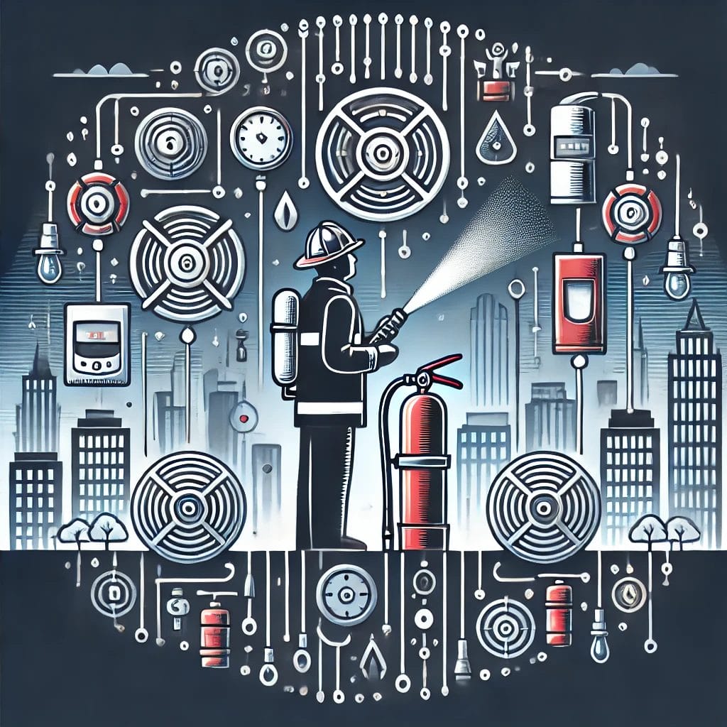 image features a collection of firefighting equipment and elements related to fire safety, set against a backdrop of a cityscape at night