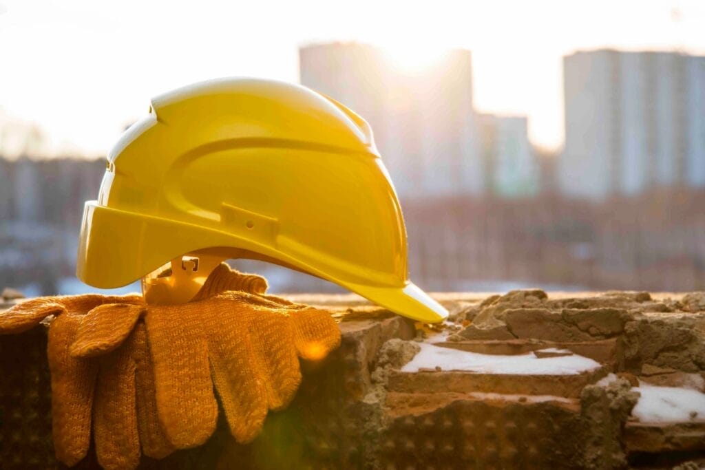 A yellow hard hat rests on a pair of gloves atop a brick wall, with a blurred cityscape in the background.